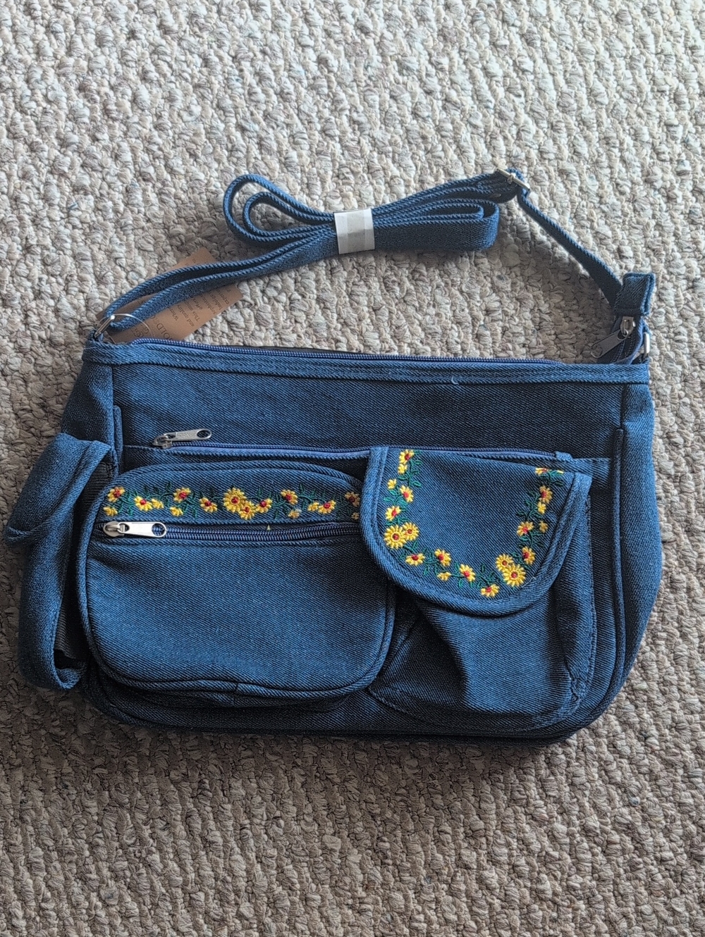 Gold Coast Blue Embroidered Sunflower Crossbody Bag